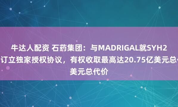 牛达人配资 石药集团：与MADRIGAL就SYH2086订立独家授权协议，有权收取最高达20.75亿美元总代价